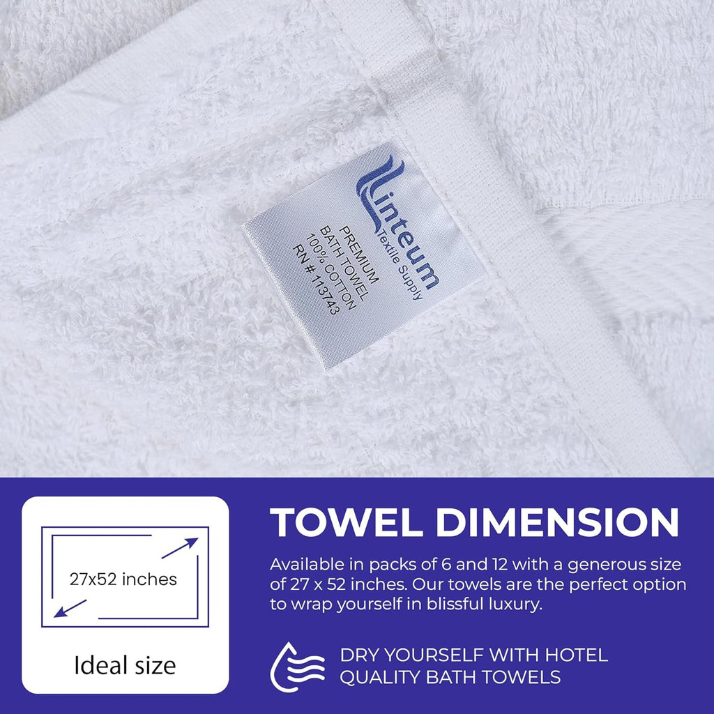 Linteum Textile Supply 27x52 inches Hotel Quality Bath Towels (White) Highly Absorbent Durable Bath Towels with 100% Soft Cotton Material for Home, Hotel, and Spa