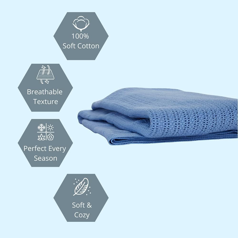 Linteum Textile Hospital Thermal Blanket 66x90 Inch 100% Cotton Breathable Soft and Cozy Open-Cell Weave Design Bed Blanket for Bed, Couch, Sofa Throw for All Season, 2.5 lb
