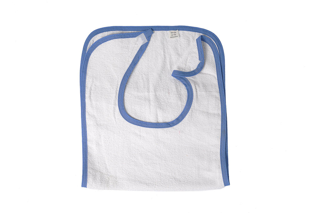 Linteum Textile Soft Terry Adult Bibs with Velcro-Type Closure, White w/Blue piping (12-Pack, 15x34 in)