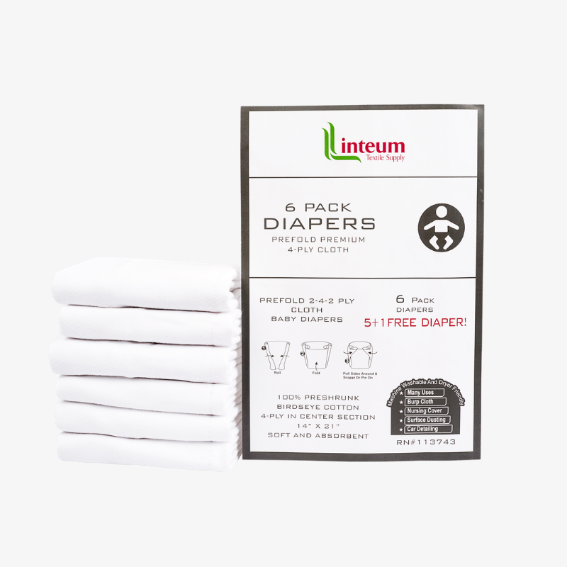 Linteum Textile White Baby Diapers, Reusable Washable Birdseye Pre fold Burp Cloth 4 Ply Shrinkage Control